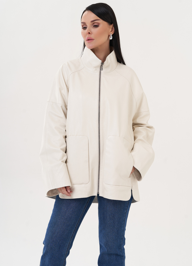 Удлиненная куртка из натуральной кожи белого цвета модель № 27139 универмаг малина