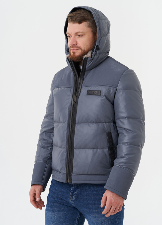 Пуховик из натуральной кожи с капюшоном модель № 28578 универмаг малина