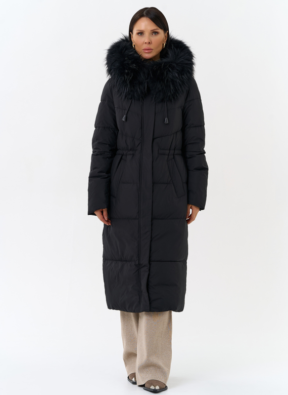 Женский пуховик с капюшоном из меха чернобурки
