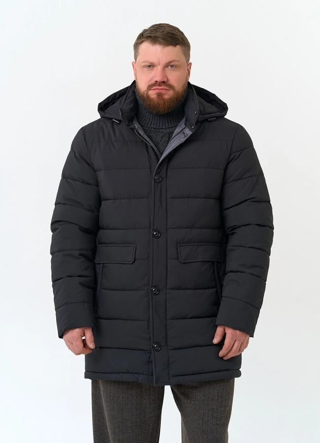 Мужской удлиненный пуховик с капюшоном модель № 34079 меха малина фото
