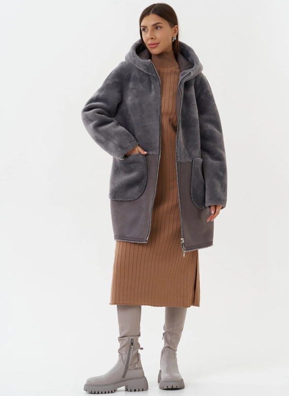Двухсторонняя эко дубленка с капюшоном