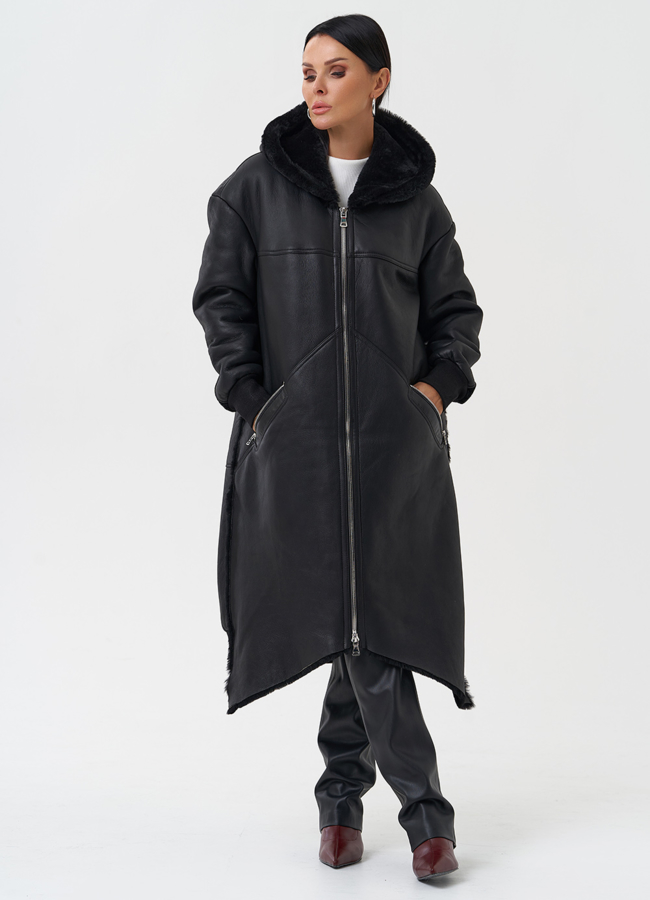 Натуральная дубленка с капюшоном модель № 28701 меха малина