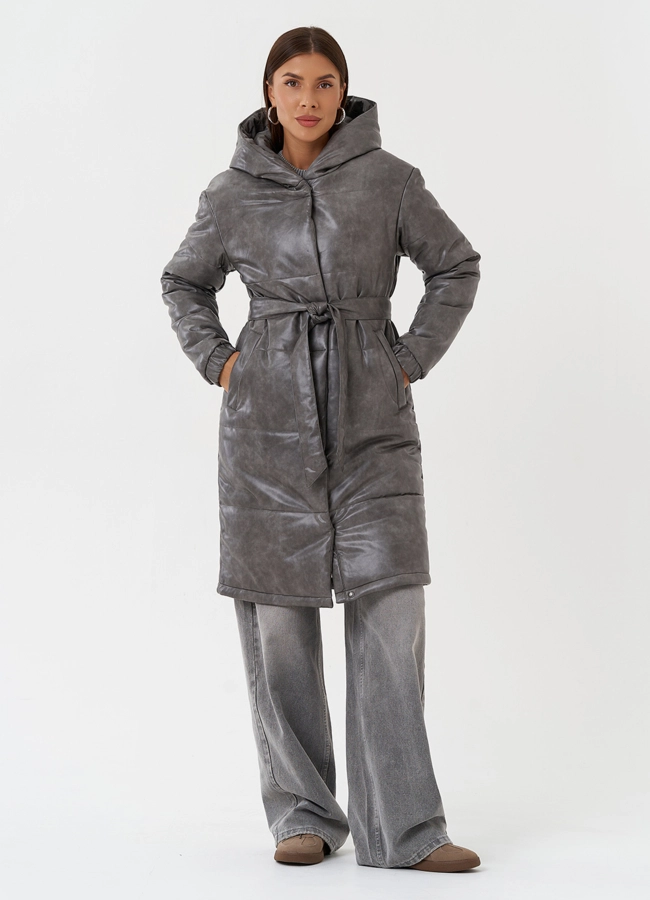 Пуховик из эко кожи с капюшоном модель № 28515 в кредит