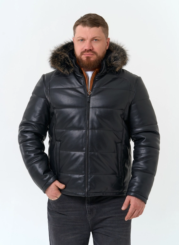 Мужской пуховик из эко кожи с мехом енота на капюшоне фото