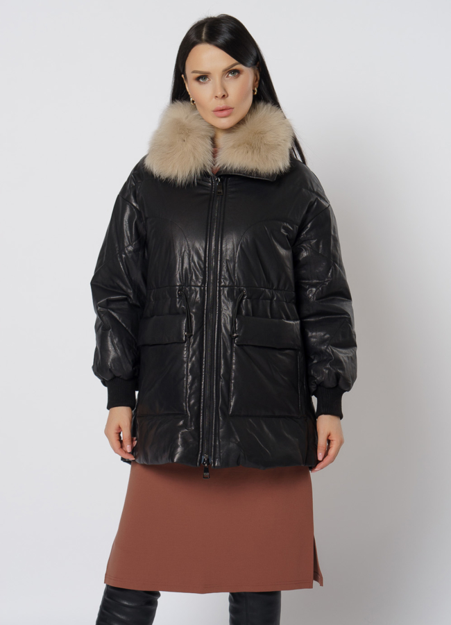 Утепленная кожаная куртка с песцом модель № 21796 меха малина