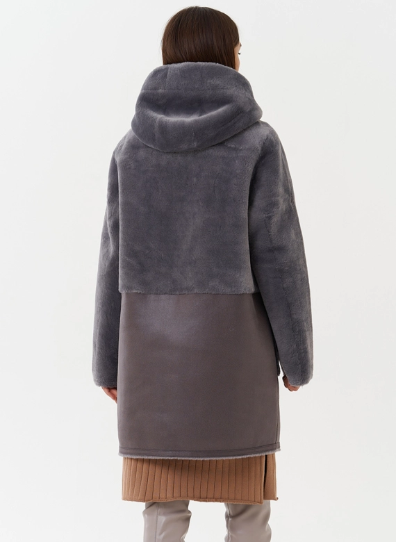 Двухсторонняя эко дубленка с капюшоном