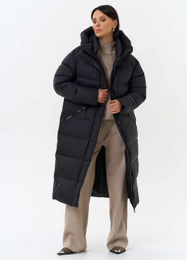 Женский пуховик черного цвета с капюшоном модель № 31935 универмаг малина