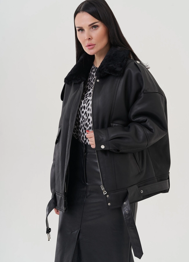 Женская дубленка черного цвета  модель № 25632 в рассрочку фото