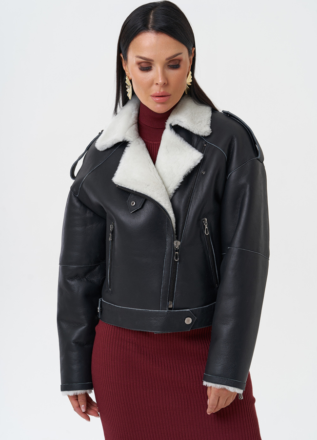 Дубленка из натуральной кожи модель № 28691 меха малина