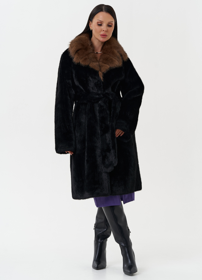 Шуба из эко меха с отделкой из искусственной куницы модель № 27795 меха малина