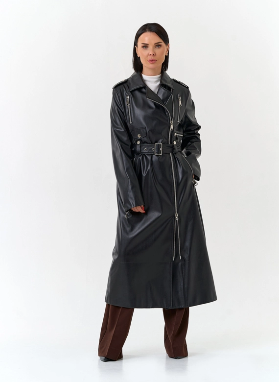 Женский длинный плащ из эко кожи  фото