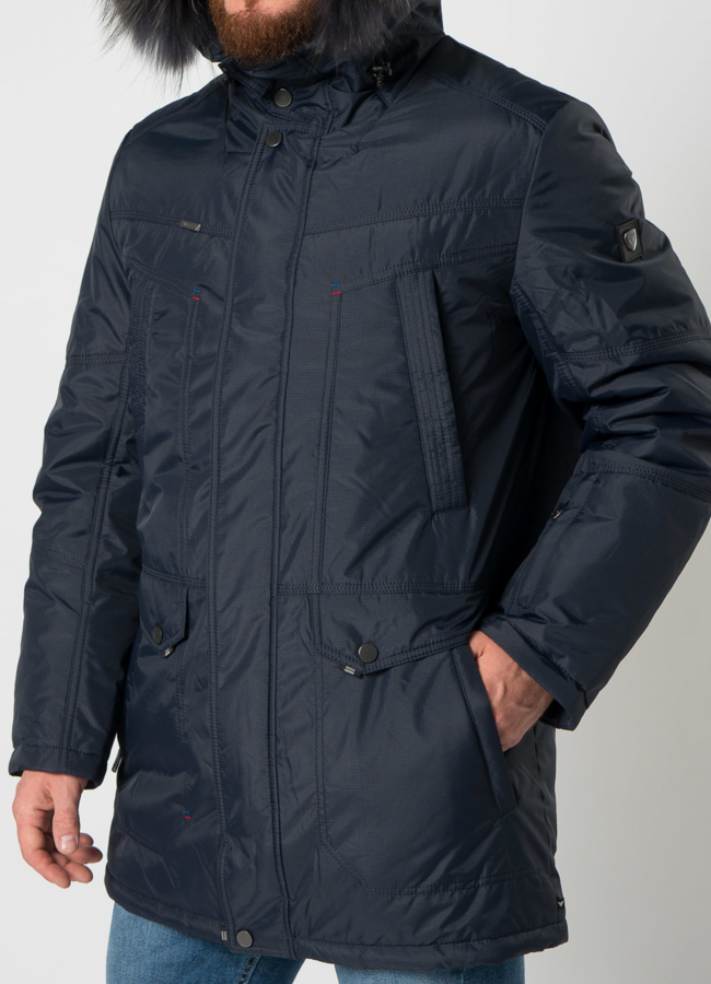 Полупальто мужское синего цвета с отделкой из енота модель № 21709 в рассрочку