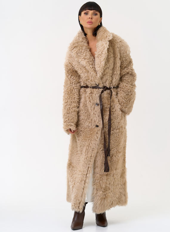 Женская двухсторонняя дубленка с декоративным поясом