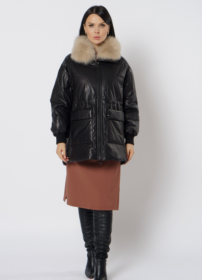 фото Утепленная кожаная куртка с песцом модель № 21796