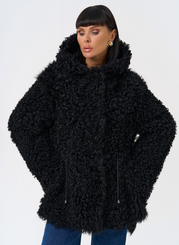 Женская двухсторонняя дубленка с капюшоном