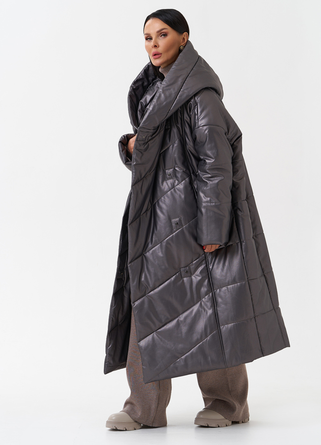 Пуховик из эко кожи с капюшоном модель № 27716 в рассрочку
