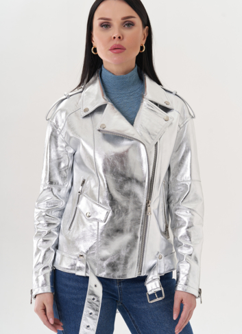 Куртка "косуха" из натуральной кожи под серебро